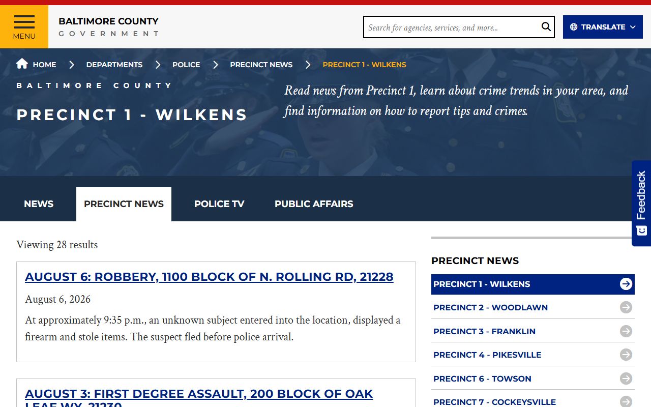 Baltimore County Precinct 1 Catonsville arrest and incident news source