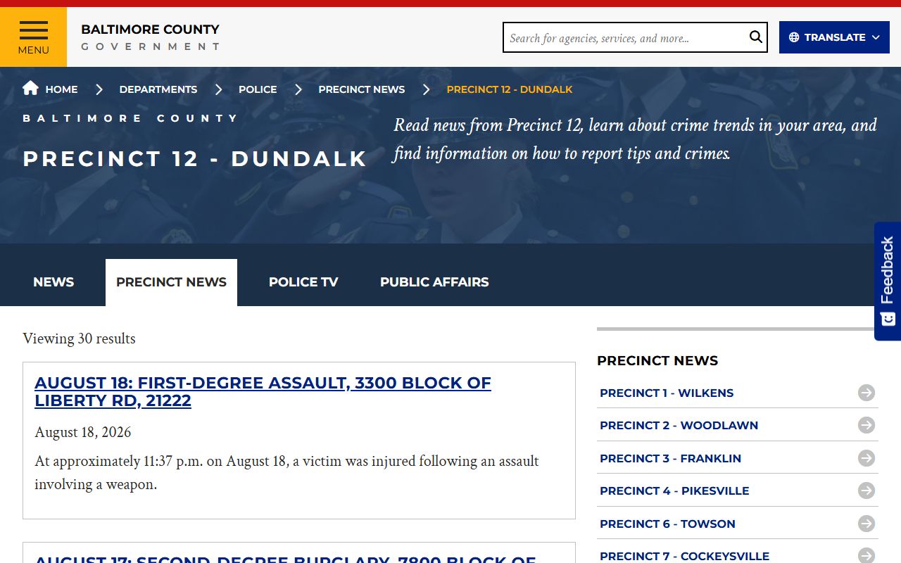 Baltimore County Precinct 12 Dundalk arrest and incident news source