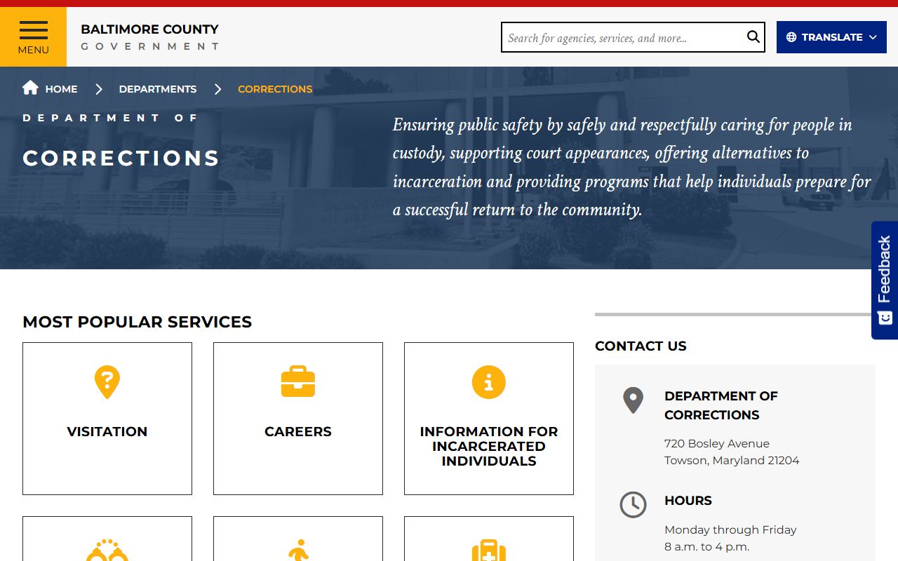 Baltimore County Corrections page for BCDC booking records