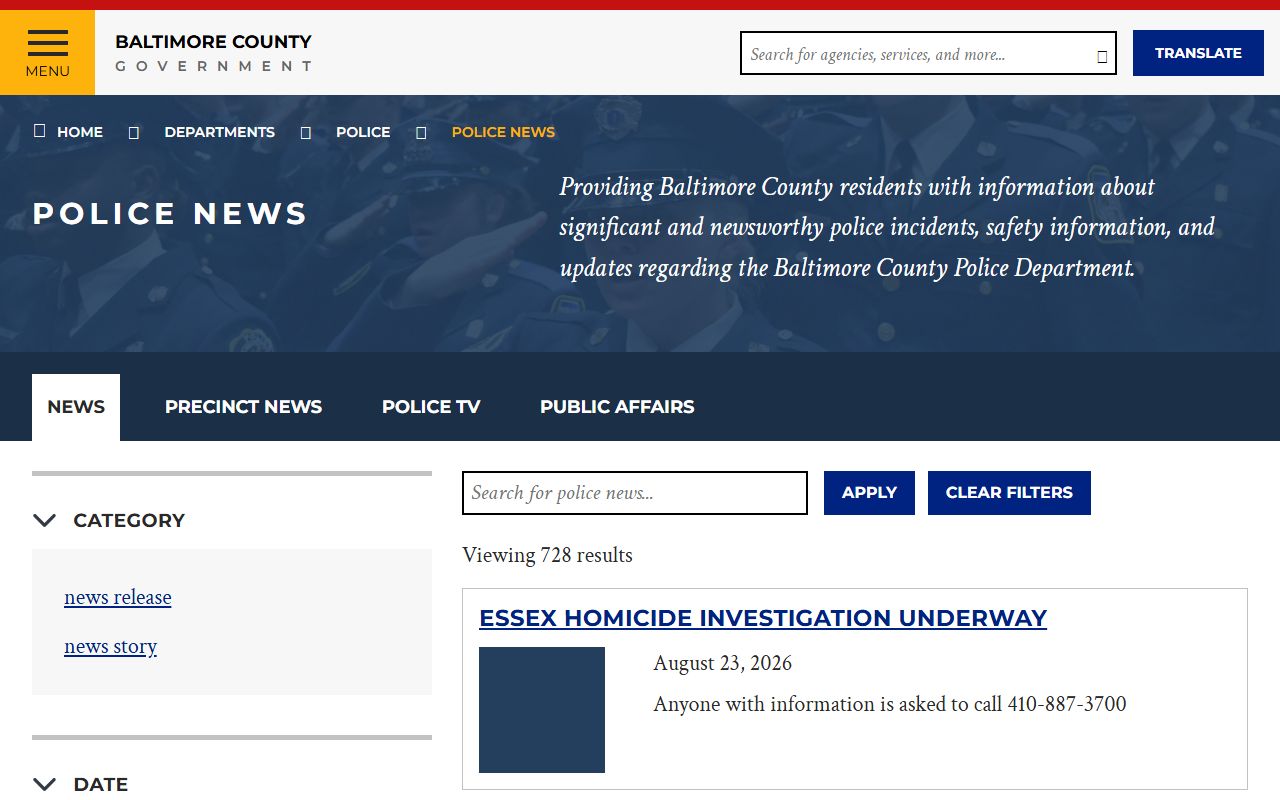 Baltimore County Police News for arrest and incident records