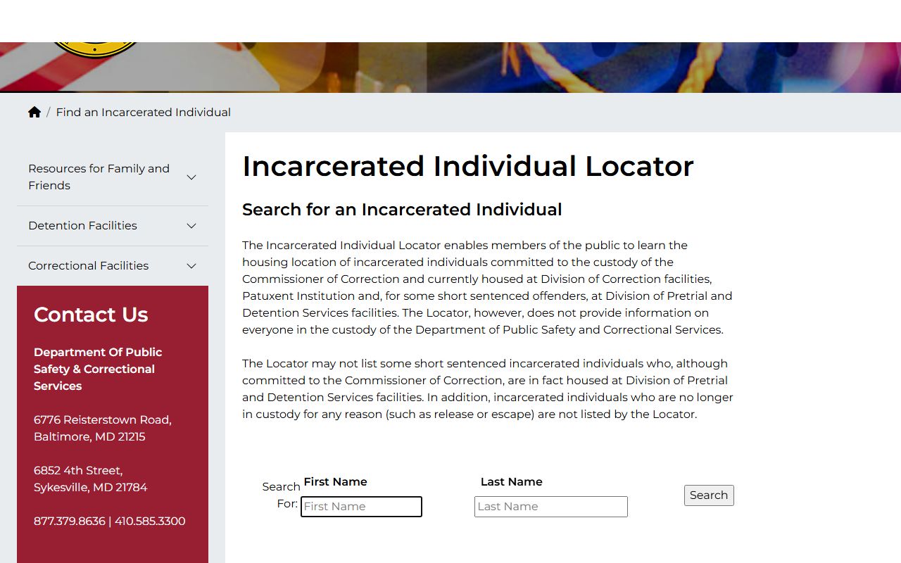 Maryland DPSCS locator for Baltimore County people in state custody