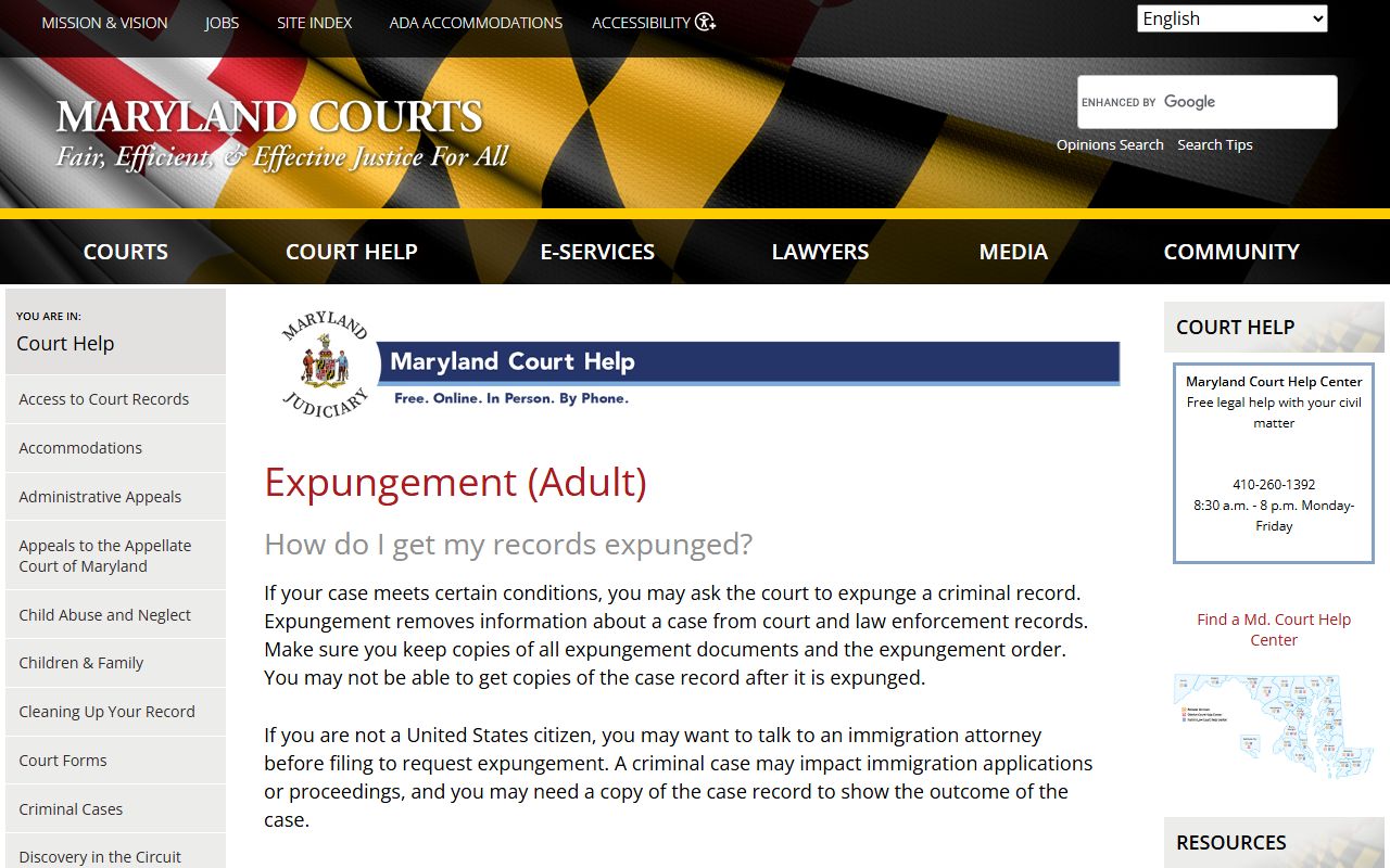 Maryland Courts expungement guidance for Baltimore County mugshot records