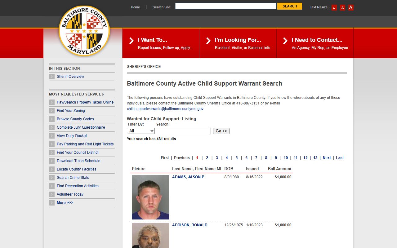 Baltimore County active child-support warrant search records